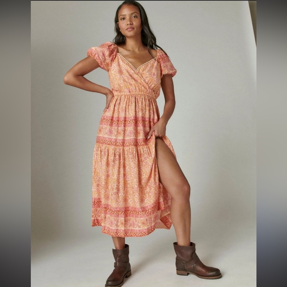 Lucky Brand Peach Printed Midi Dress peasant tiered boho sz XS flowy festival